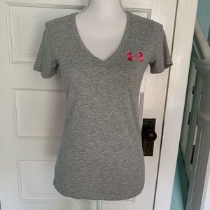 UNDER ARMOUR Tee Shirt Gray Pink “Go, Fight, Cure” V-Neck Popover Cotton XS
